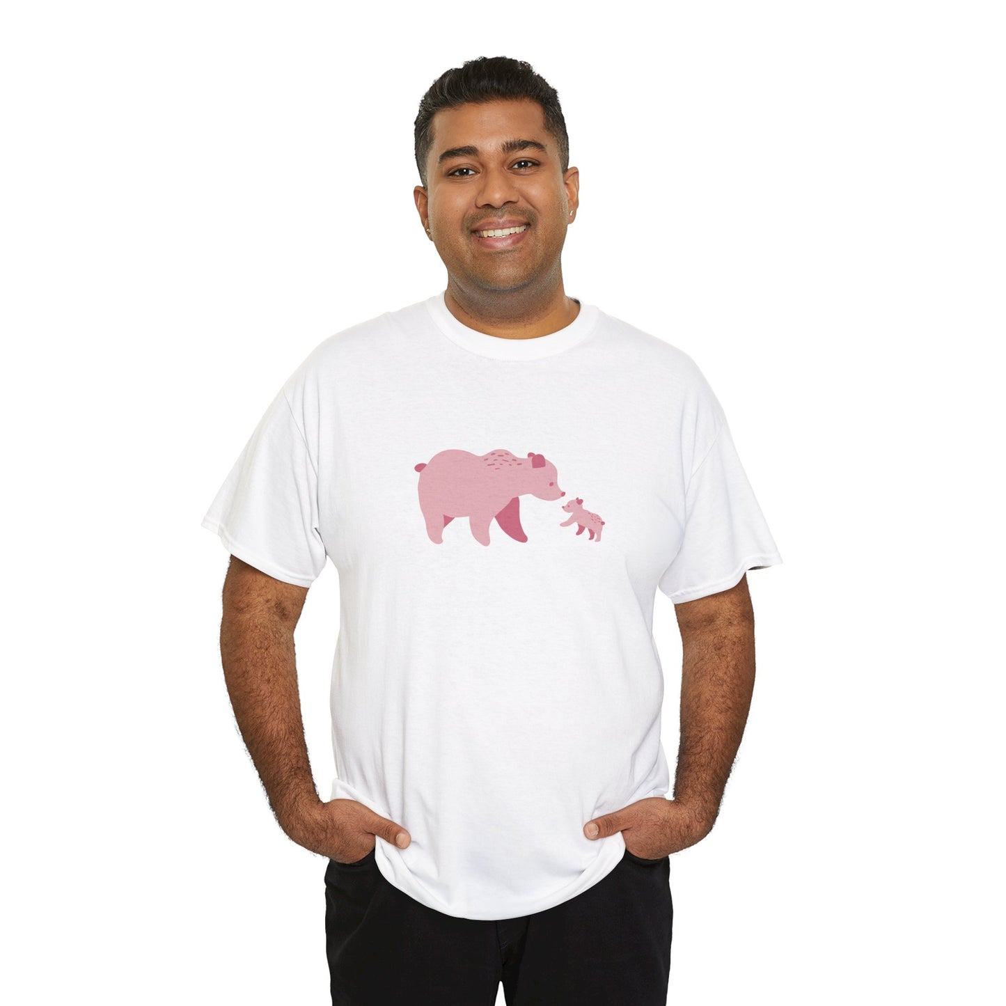 A man wearing a white unisex cotton T-shirt with pink bear fam print.