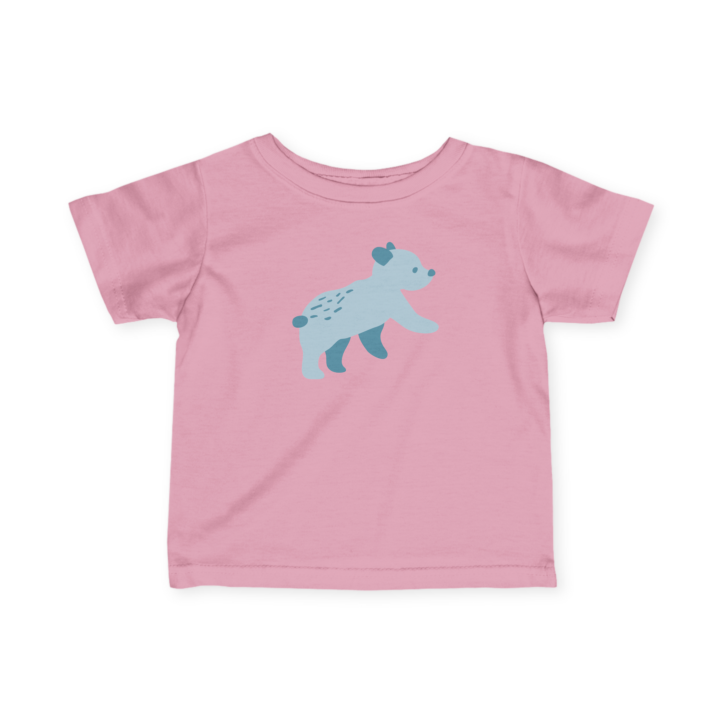 A pink toddler T-shirt with blue Runaway Cub print.