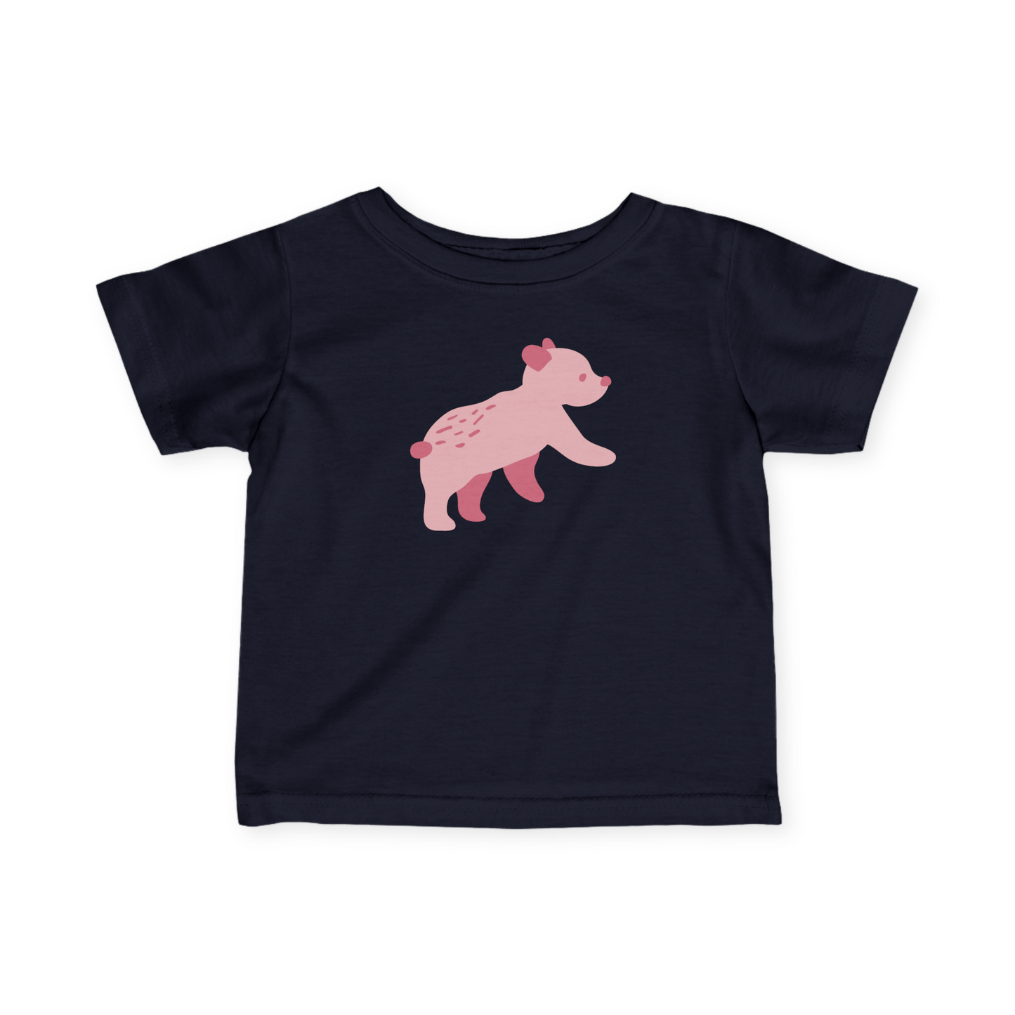 A navy toddler T-shirt with pink Runaway Cub print.