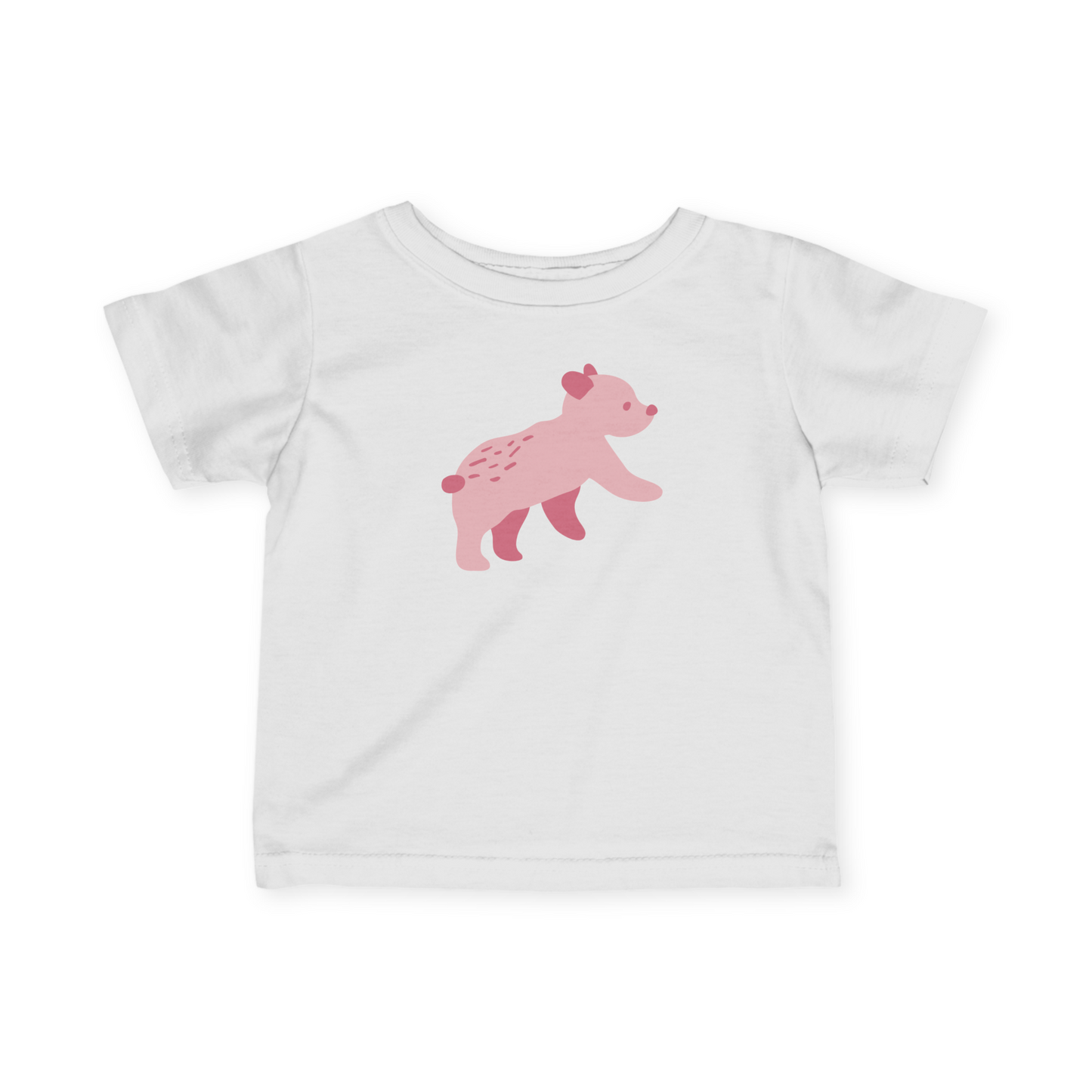 A white toddler T-shirt with pink Runaway Cub print.
