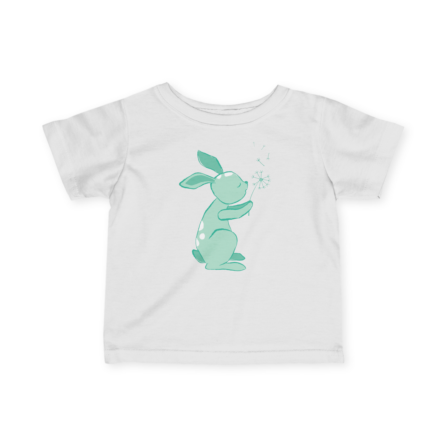 White t-shirt with Mint green Dandelion print.
