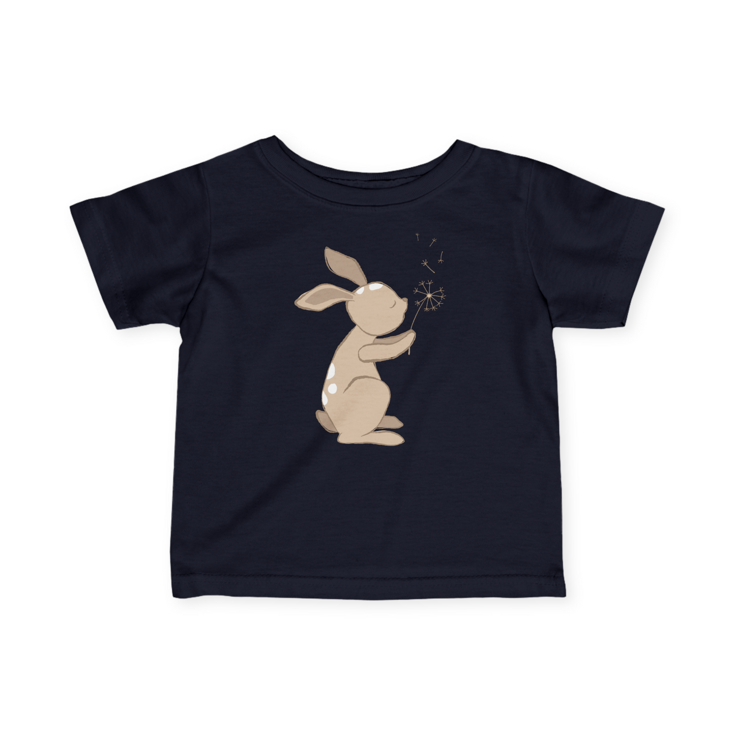 Navy t-shirt with Sand brown Dandelion print.