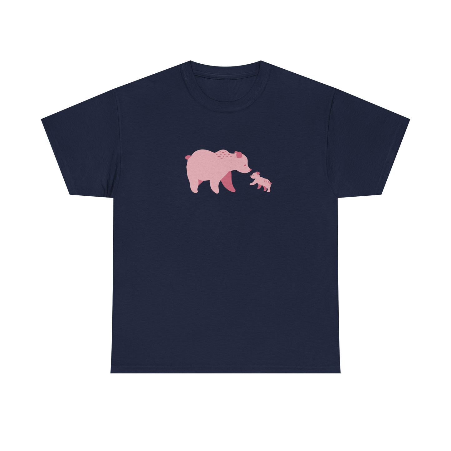 Navy unisex cotton T-shirt with pink bear fam print