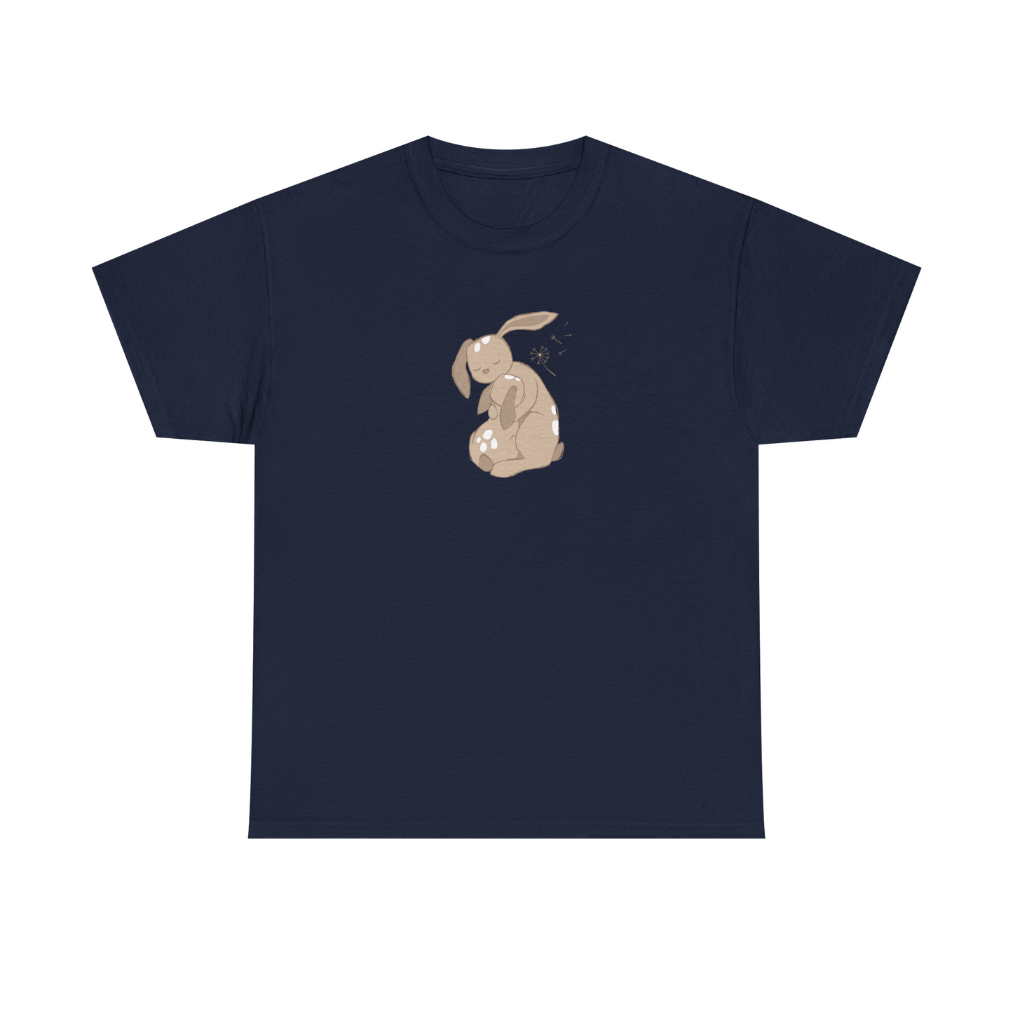 Navy unisex cotton T-shirt with sand brown cuddle print