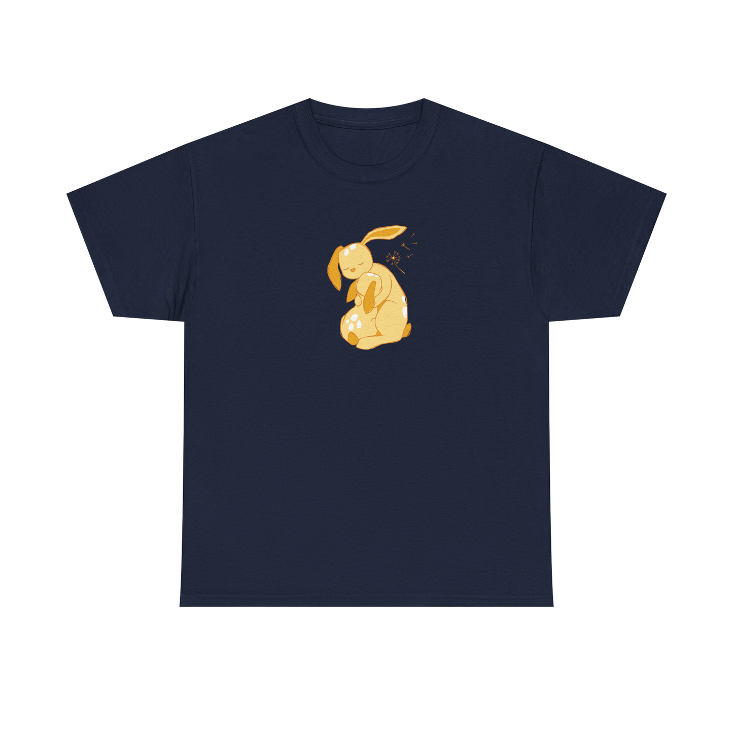 Navy unisex cotton T-shirt with yellow cuddle print
