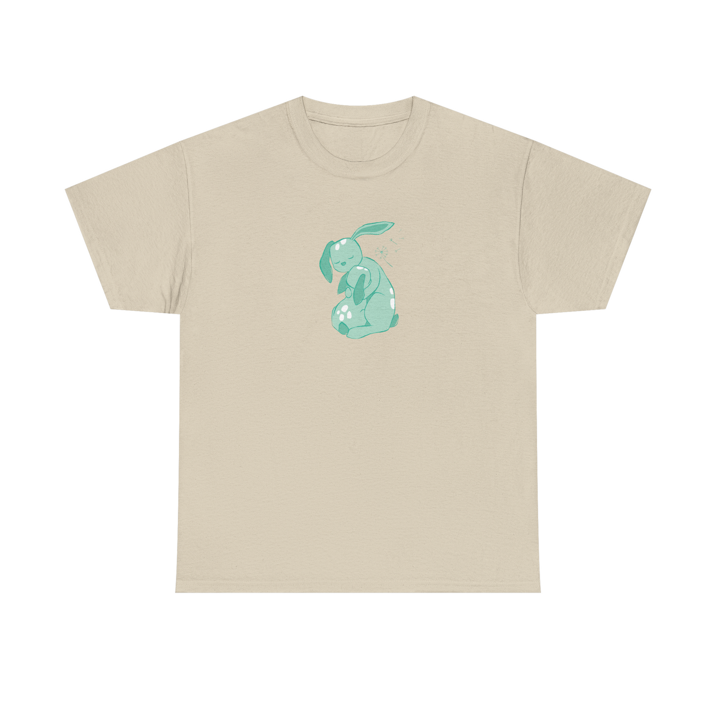 Sand brown unisex cotton T-shirt with mint green cuddle print