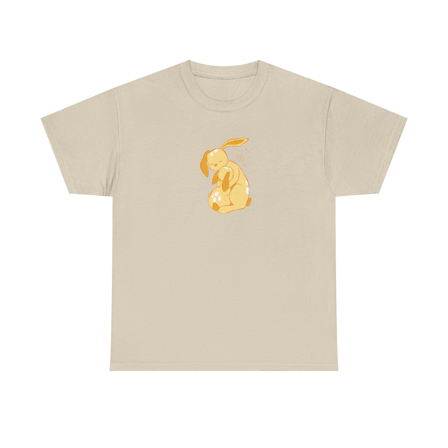 Sand brown unisex cotton T-shirt with yellow cuddle print
