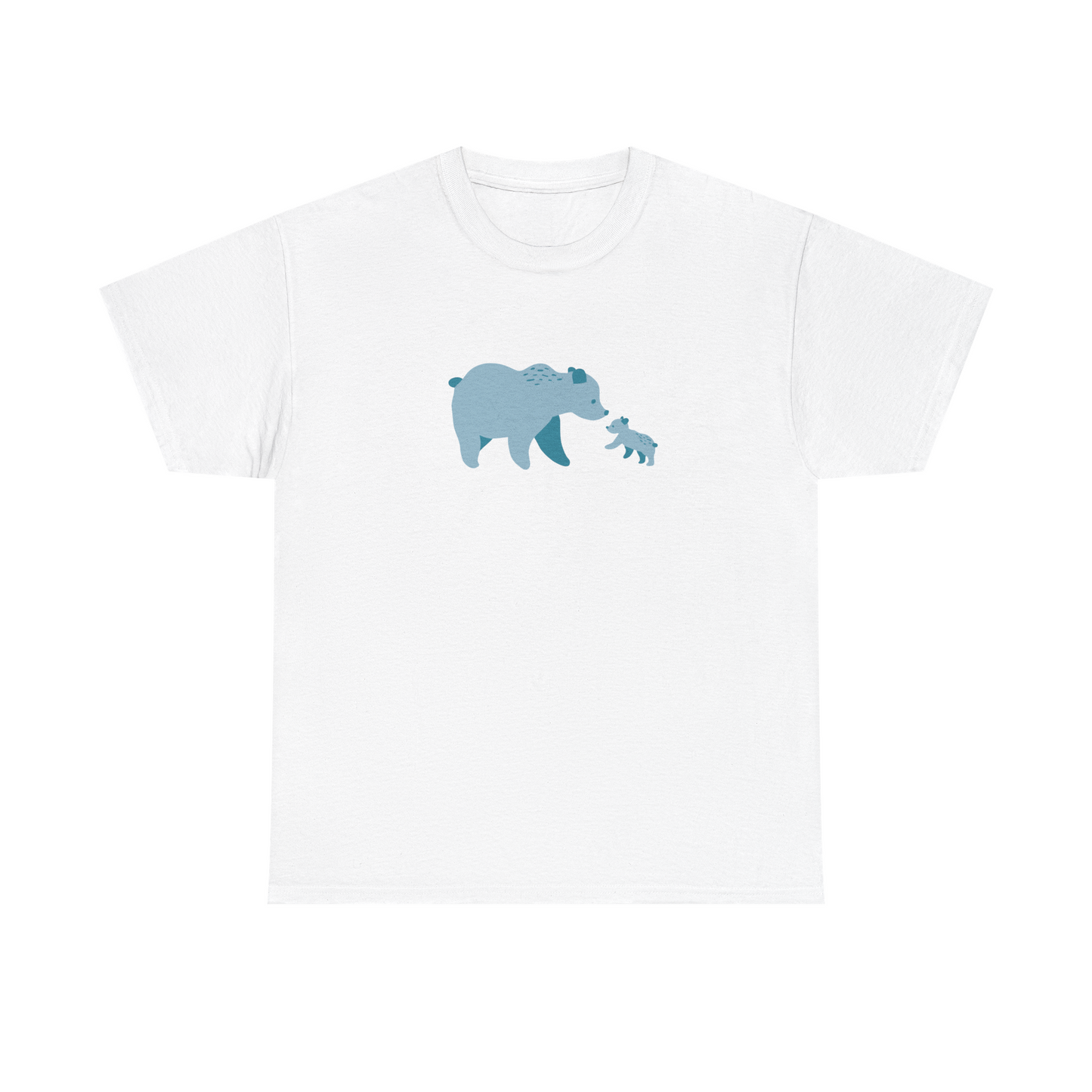 White unisex cotton T-shirt with blue bear fam print