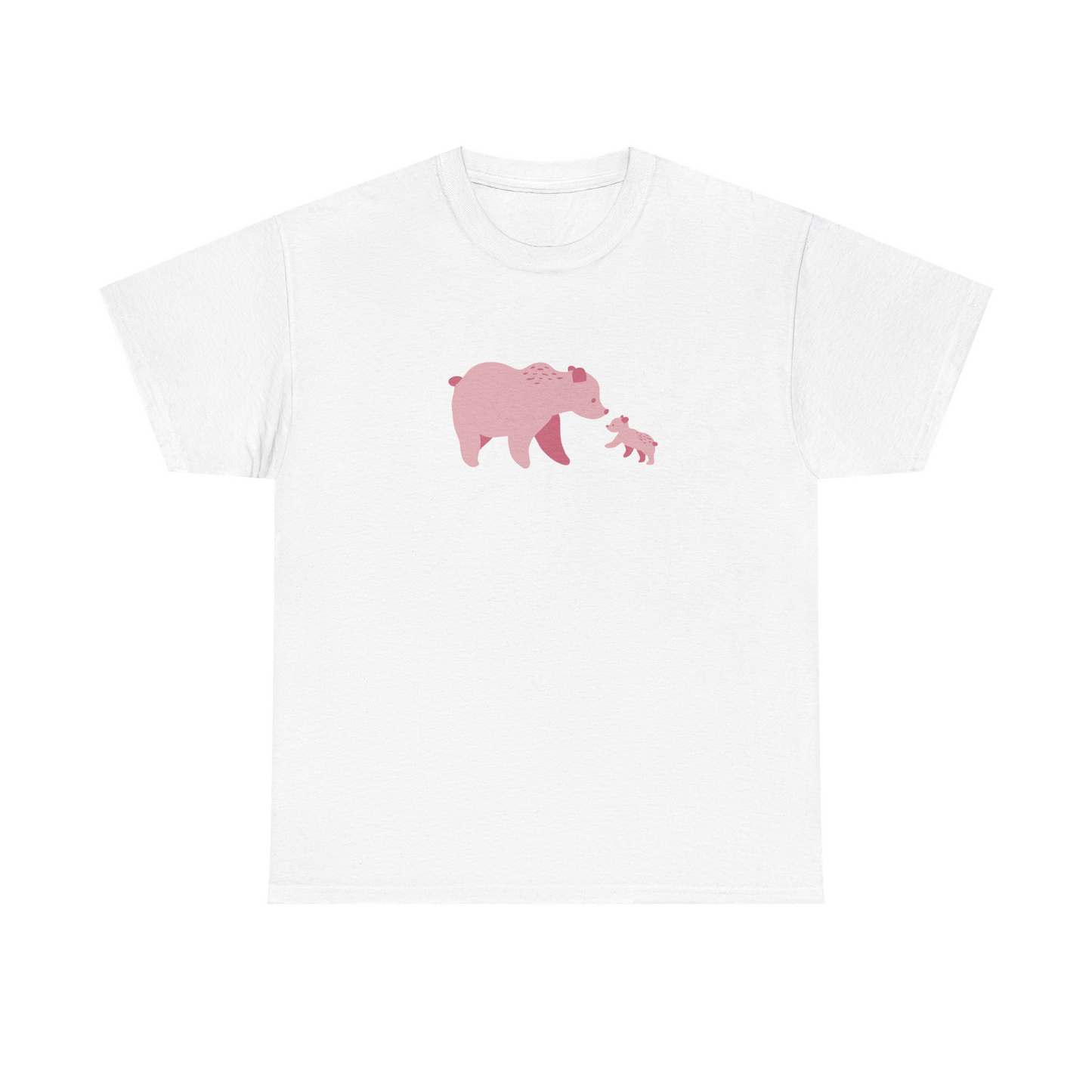 White unisex cotton T-shirt with pink bear fam print