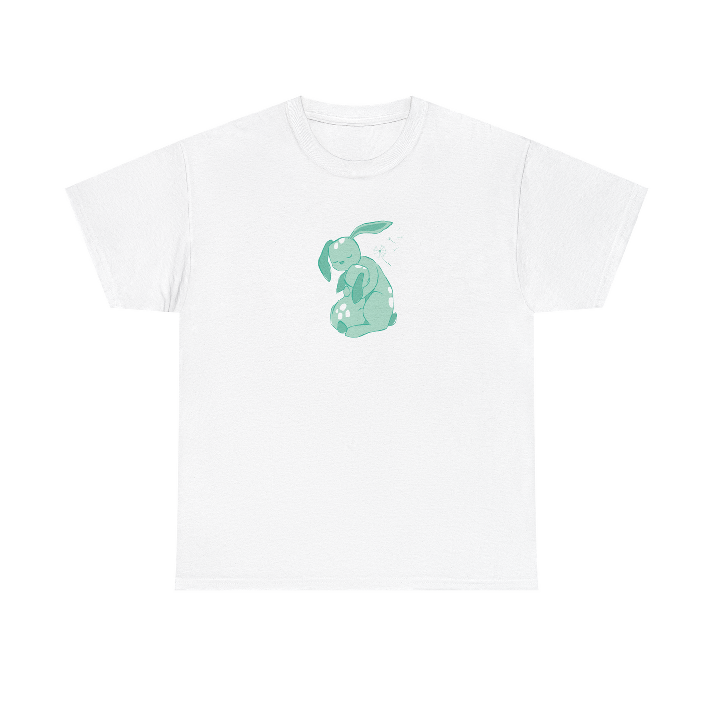 White unisex cotton T-shirt with mint green cuddle print