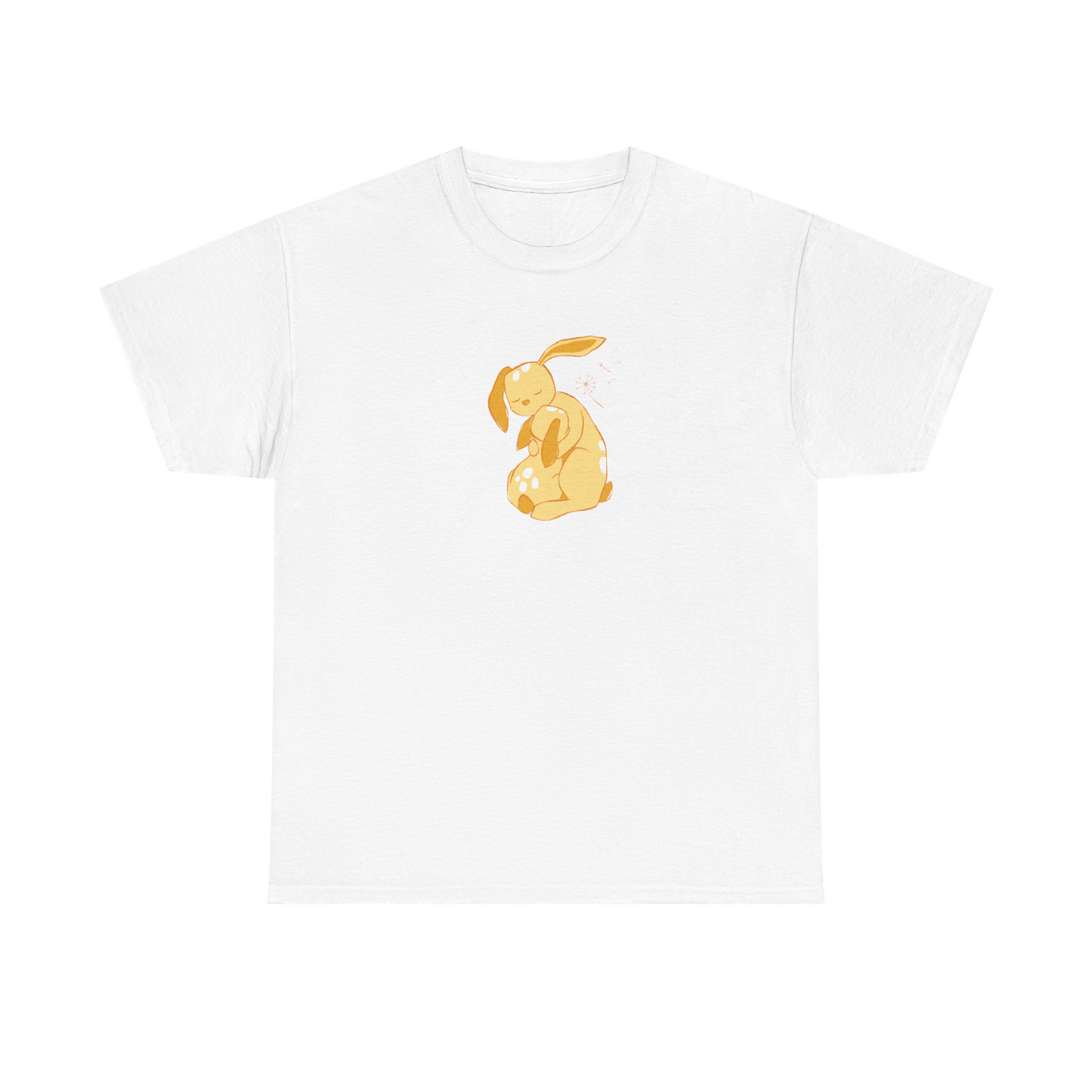 White unisex cotton T-shirt with yellow cuddle print
