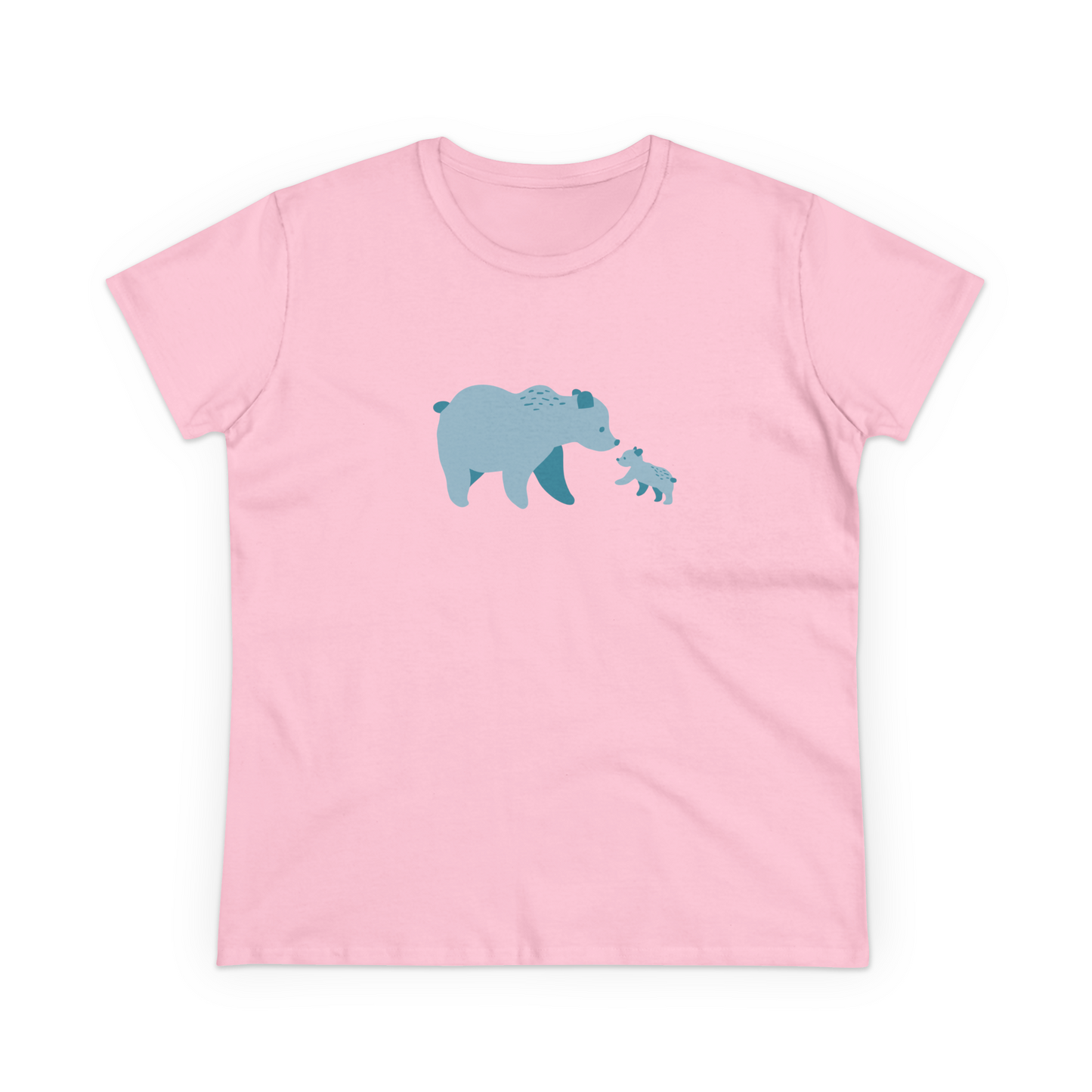 Women's pink cotton T-shirt with blue bear family print.