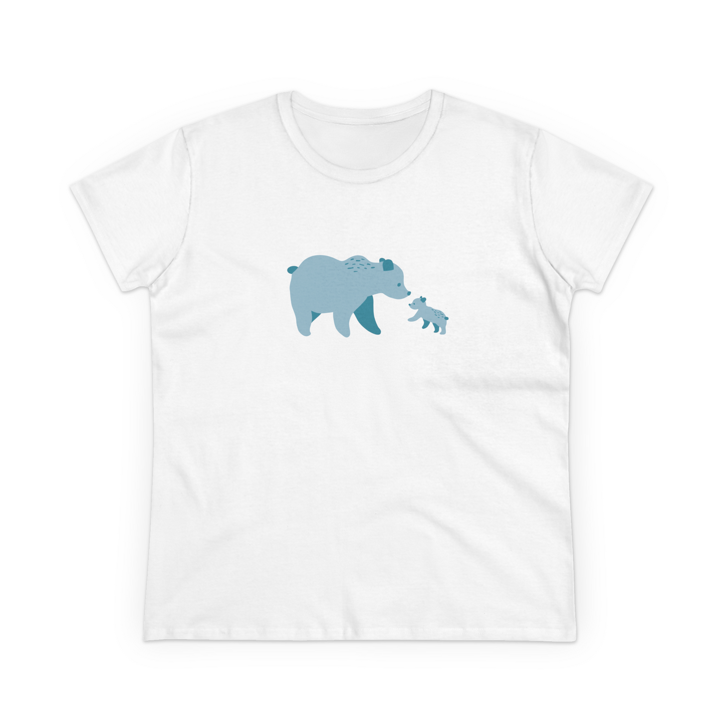 Women's white cotton T-shirt with blue bear family print.