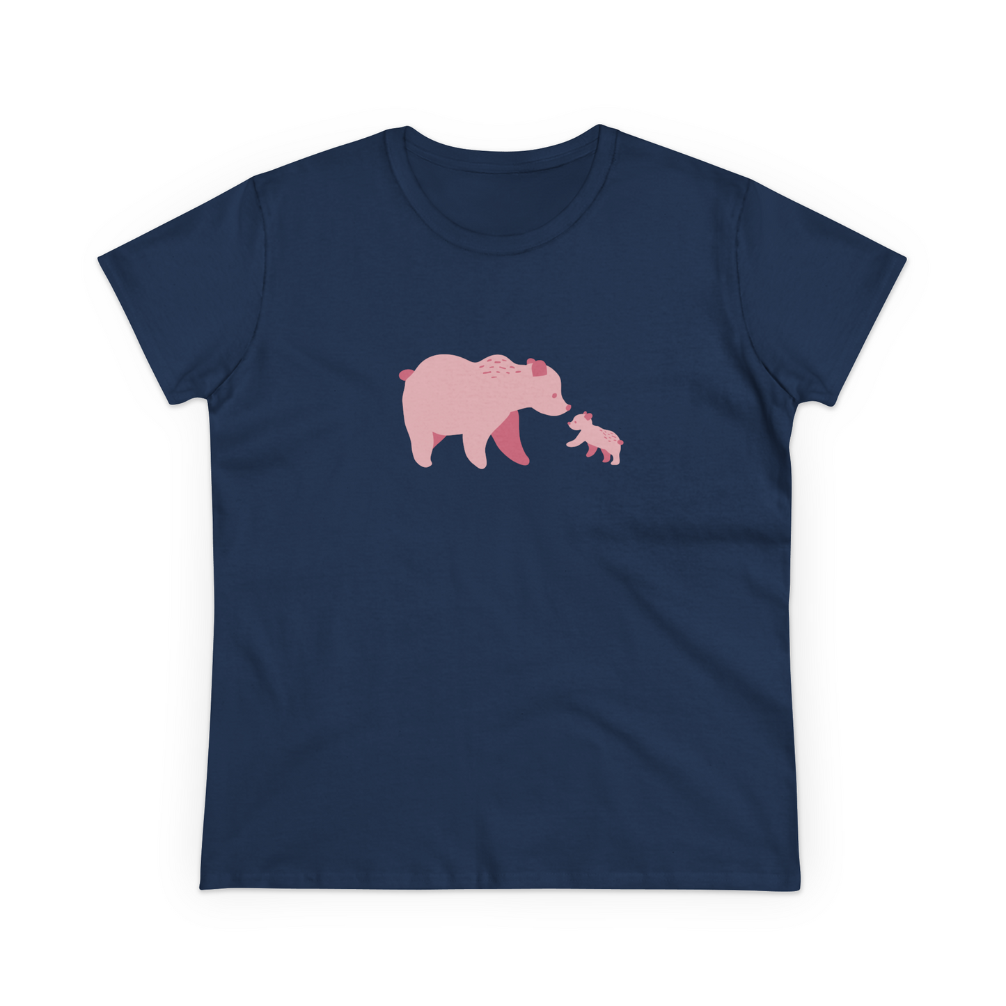 Women's navy cotton T-shirt with pink bear family print.