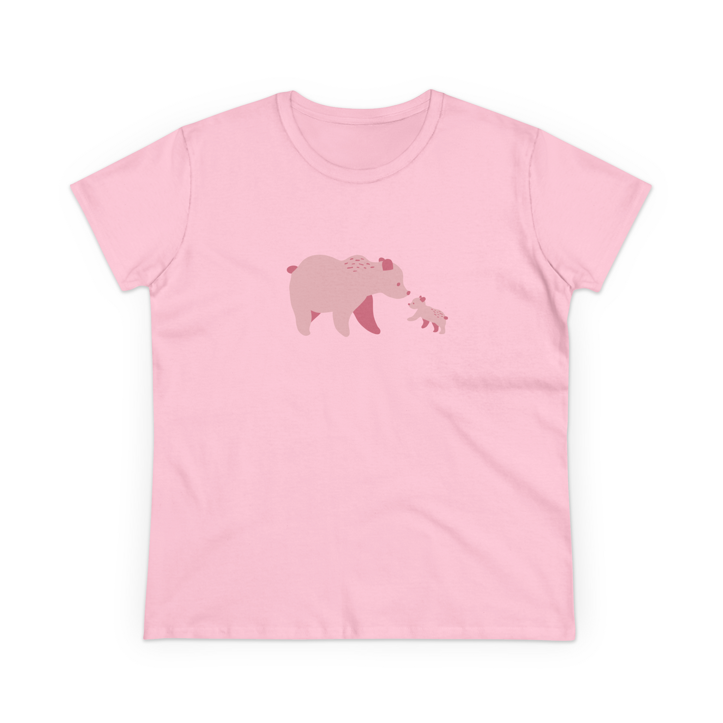 Women's pink cotton T-shirt with pink bear family print.