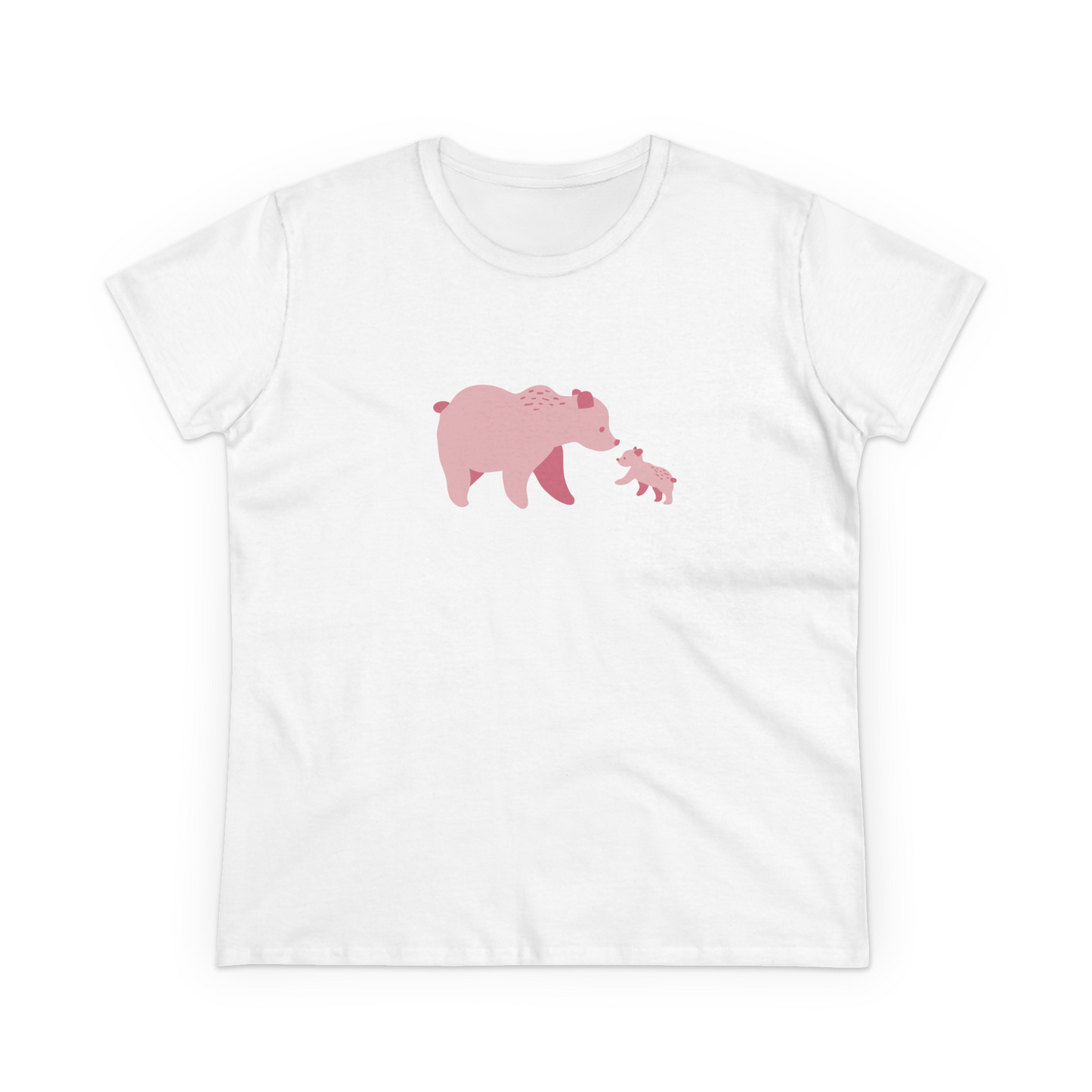 Women's white cotton T-shirt with pink bear family print.