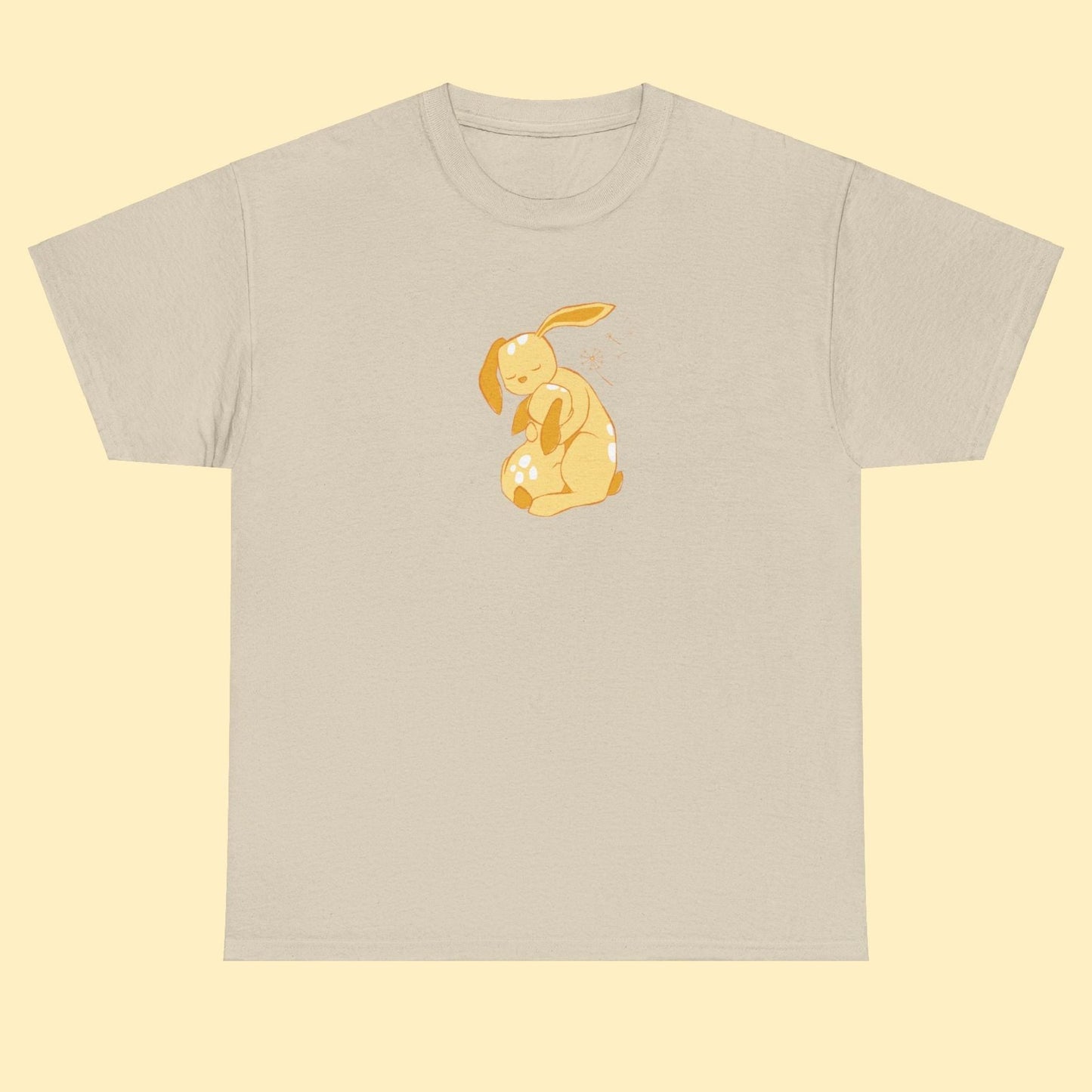 Unisex T-shirt with a print of cuddling hare family