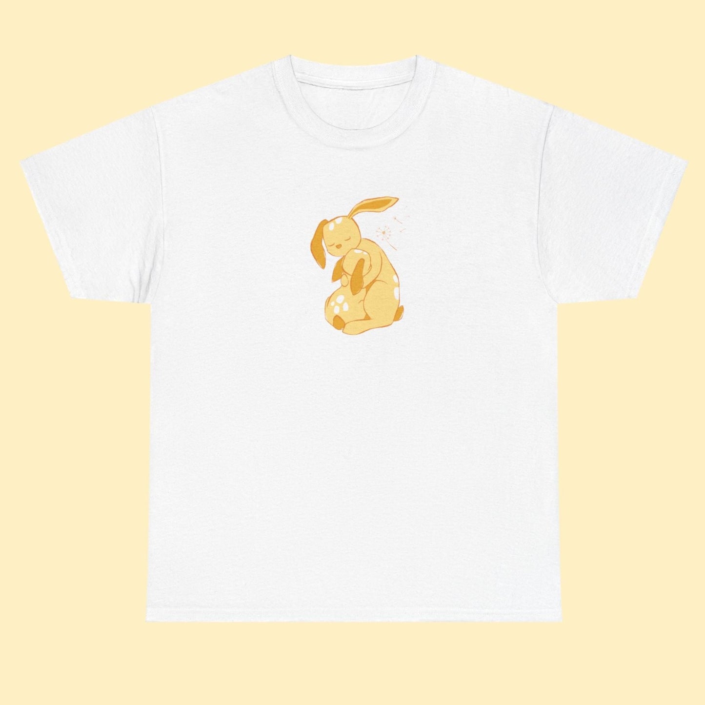 Unisex T-shirt with a print of cuddling hare family