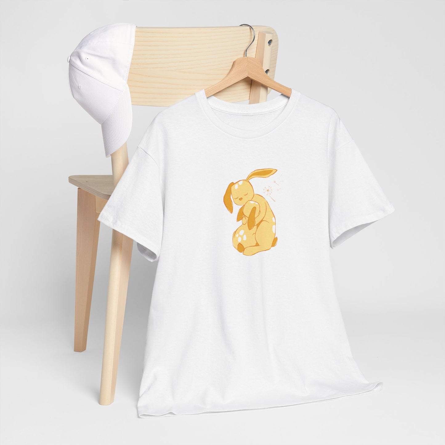 Unisex T-shirt with a print of cuddling hare family