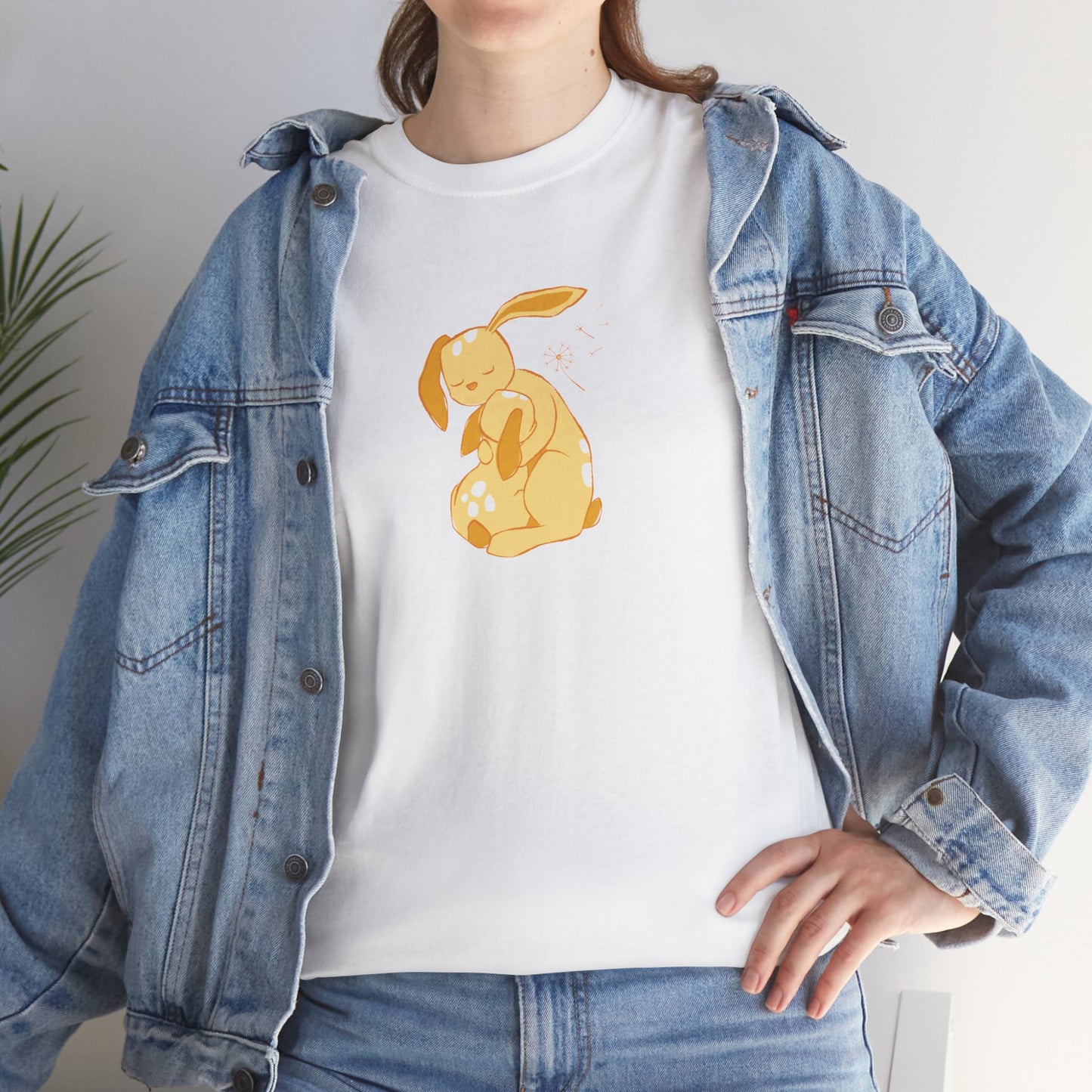 Unisex T-shirt with a print of cuddling hare family