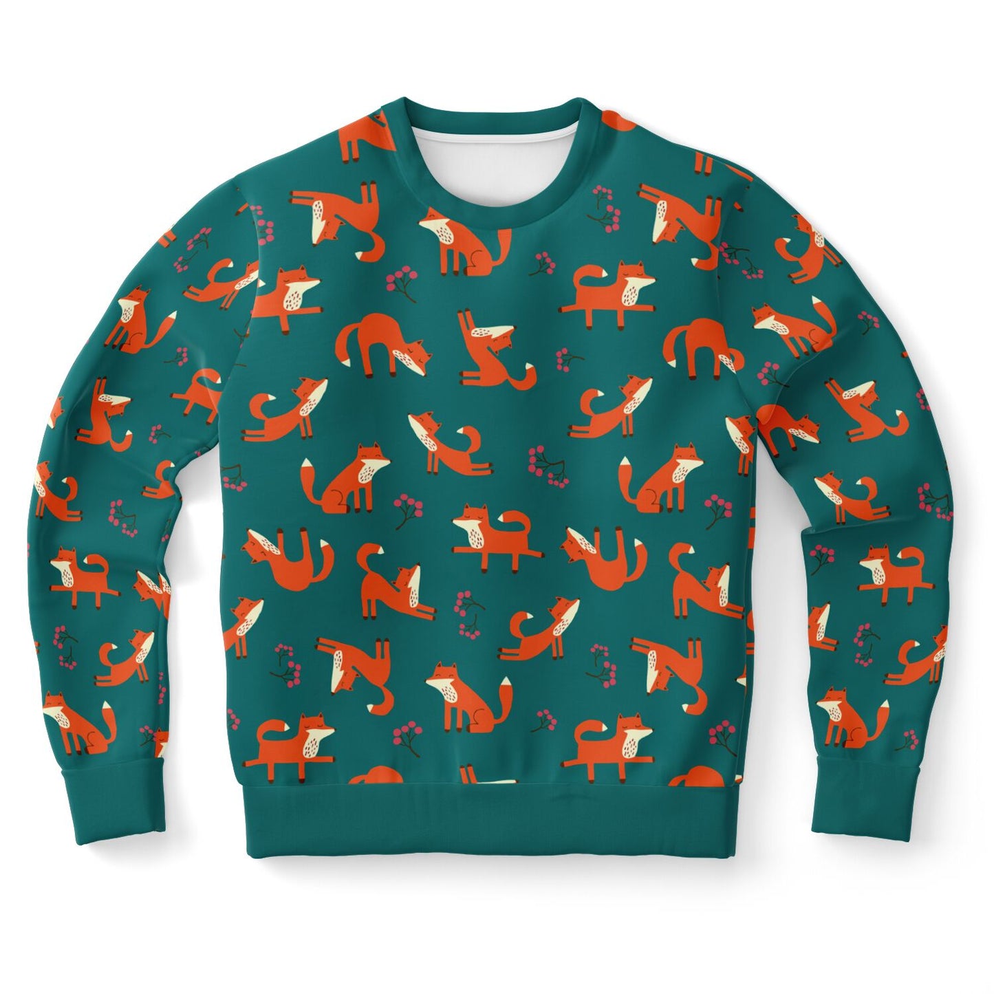 Forest green unisex sweatshirt with Playful Fox -pattern.