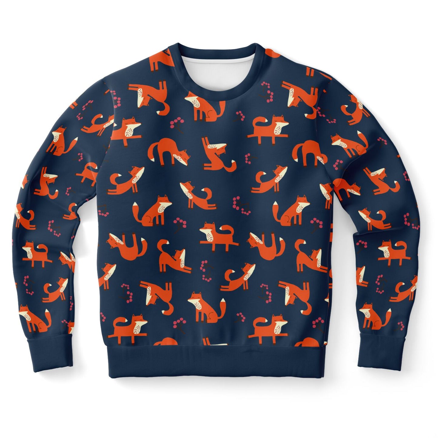 Navy unisex sweatshirt with Playful Fox -pattern.