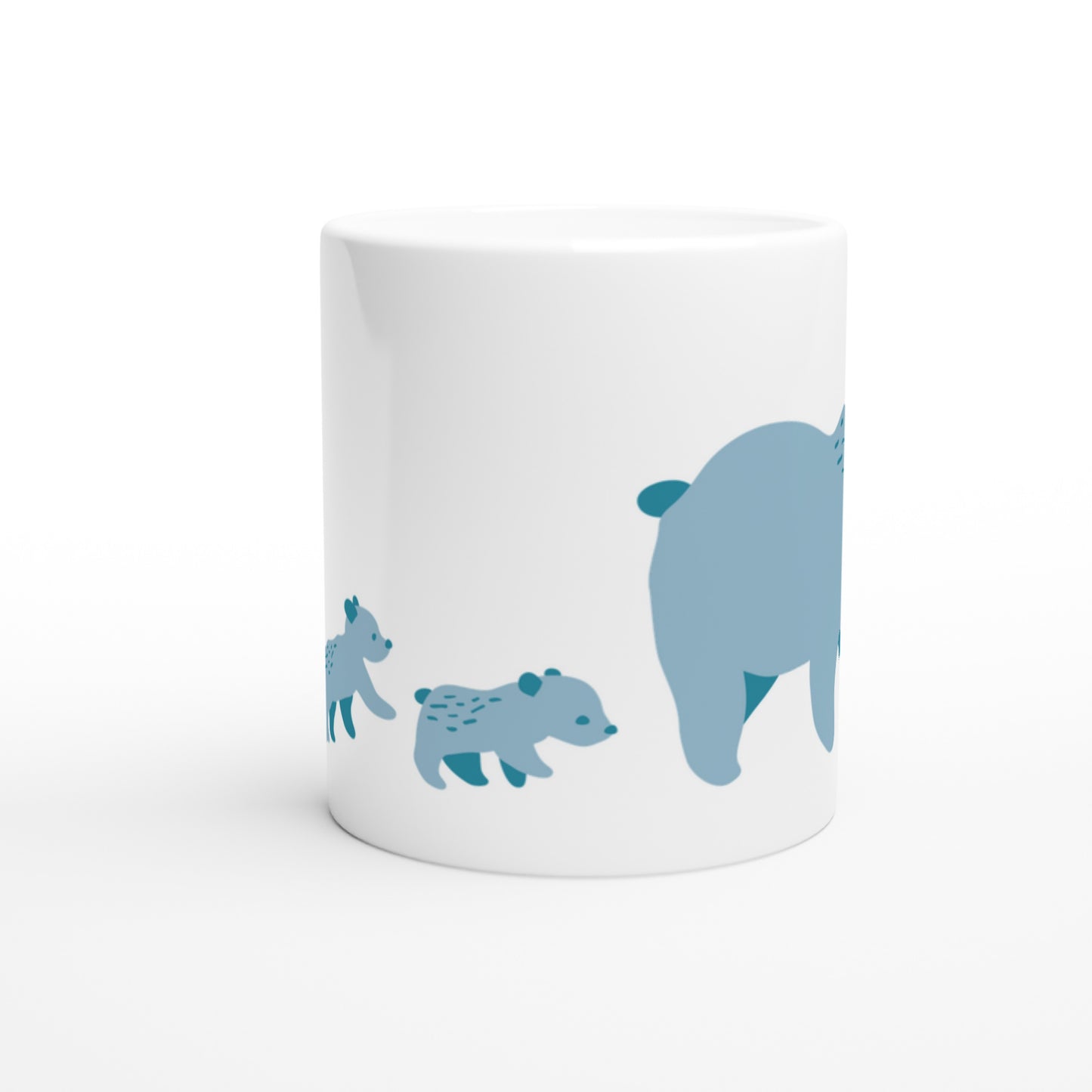 White ceramic mug with a blue bear family print.