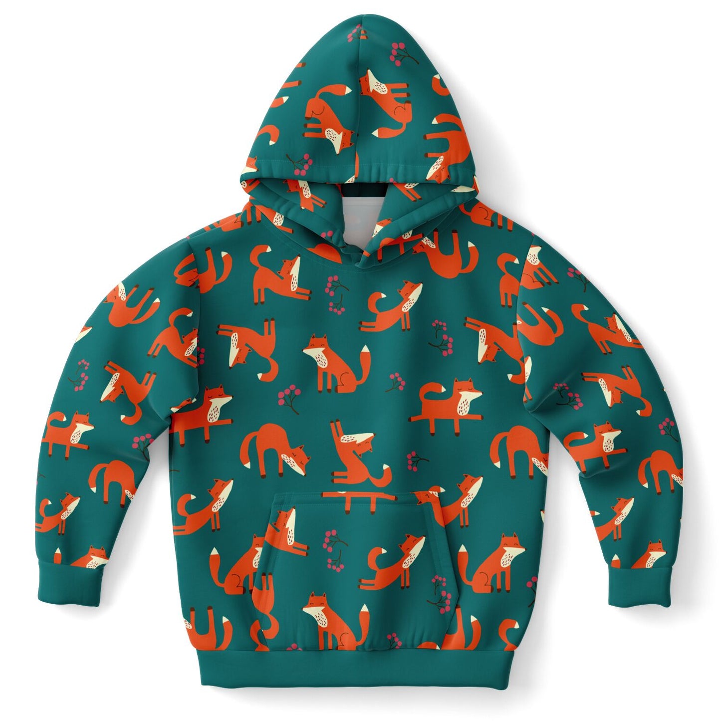 Children's forest green hoodie with playful fox pattern.