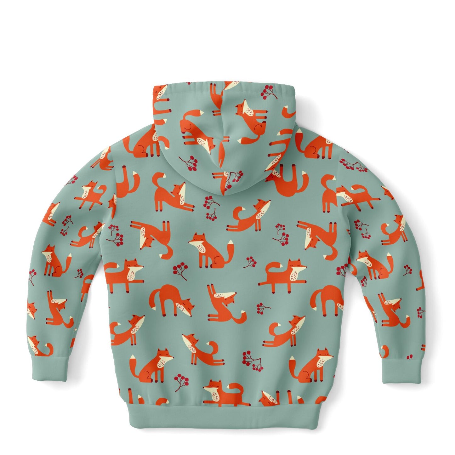 Children's lichen green hoodie from the back with playful fox pattern.