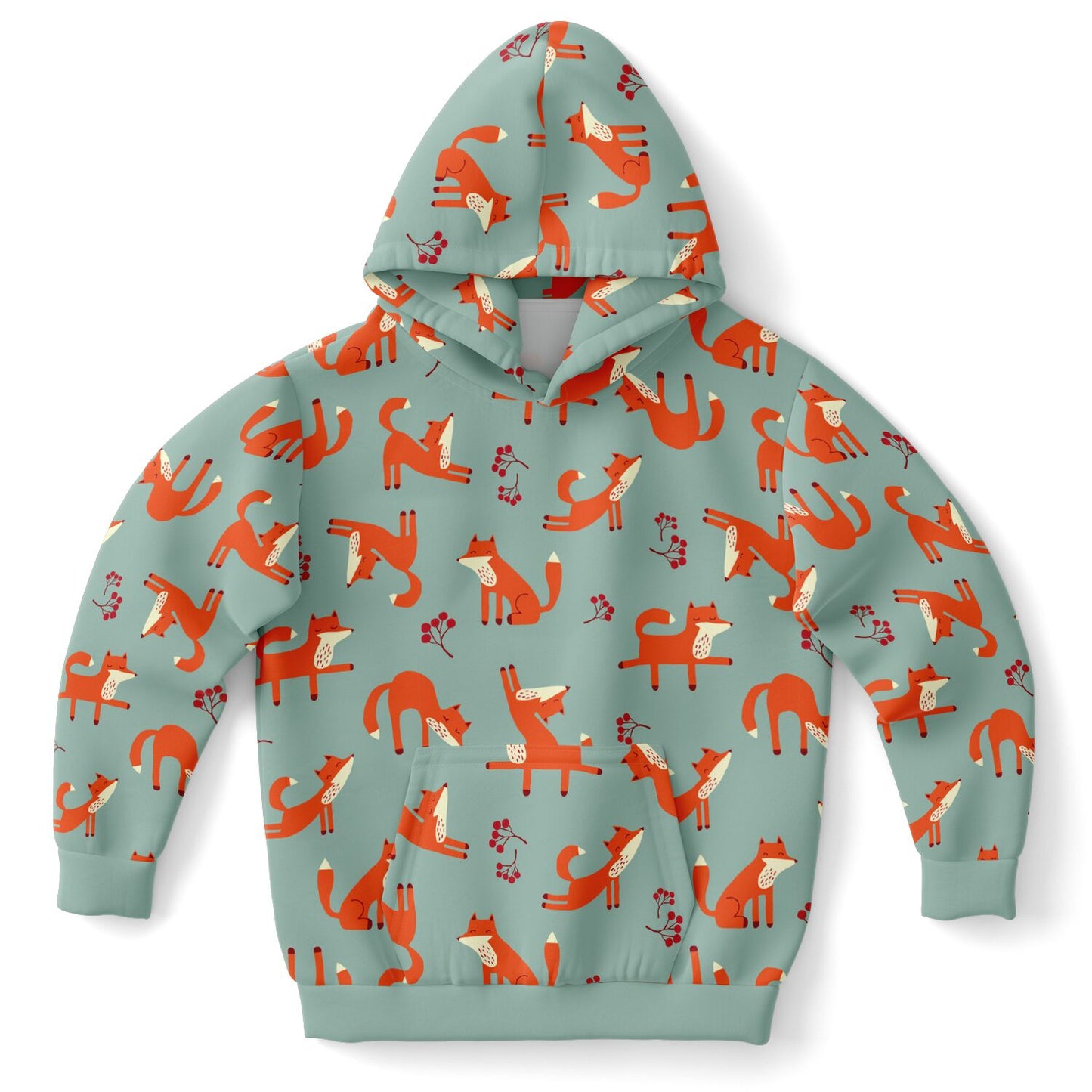 Children's lichen green hoodie from the front with playful fox pattern.