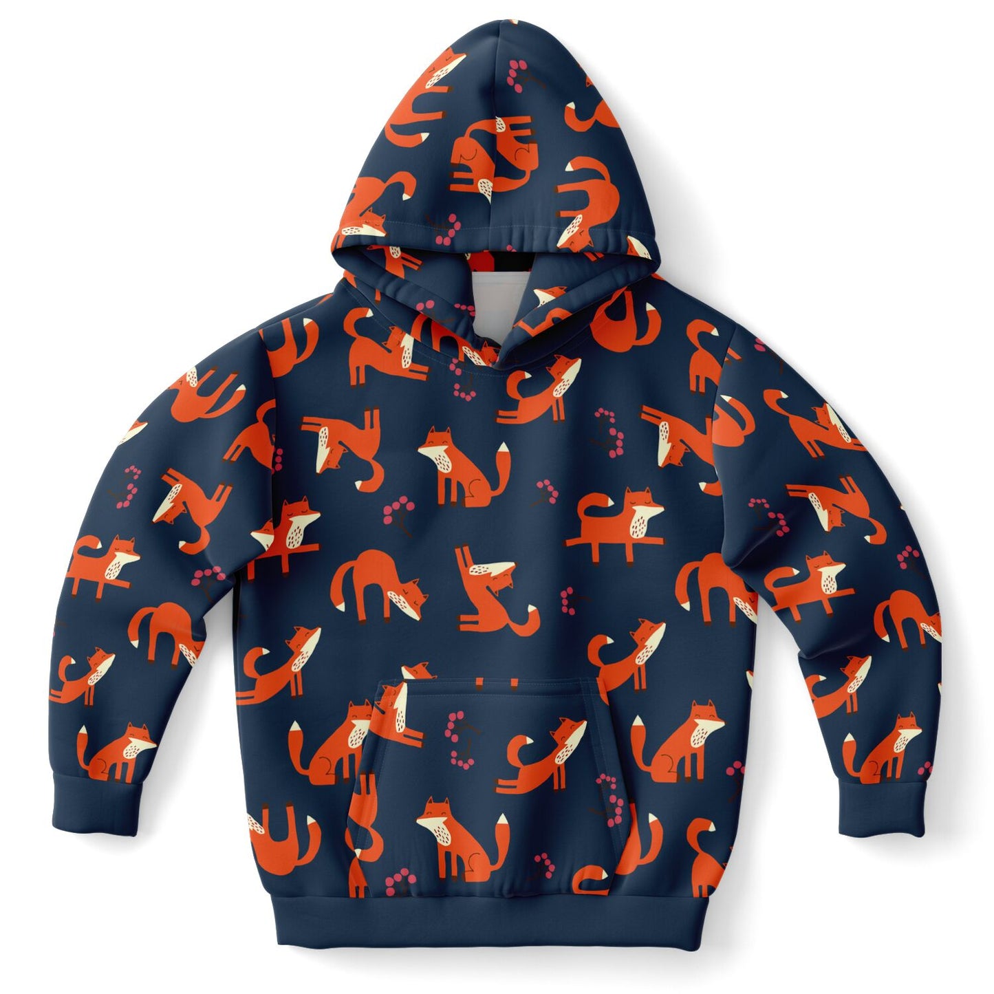 Children's navy hoodie with playful fox pattern.