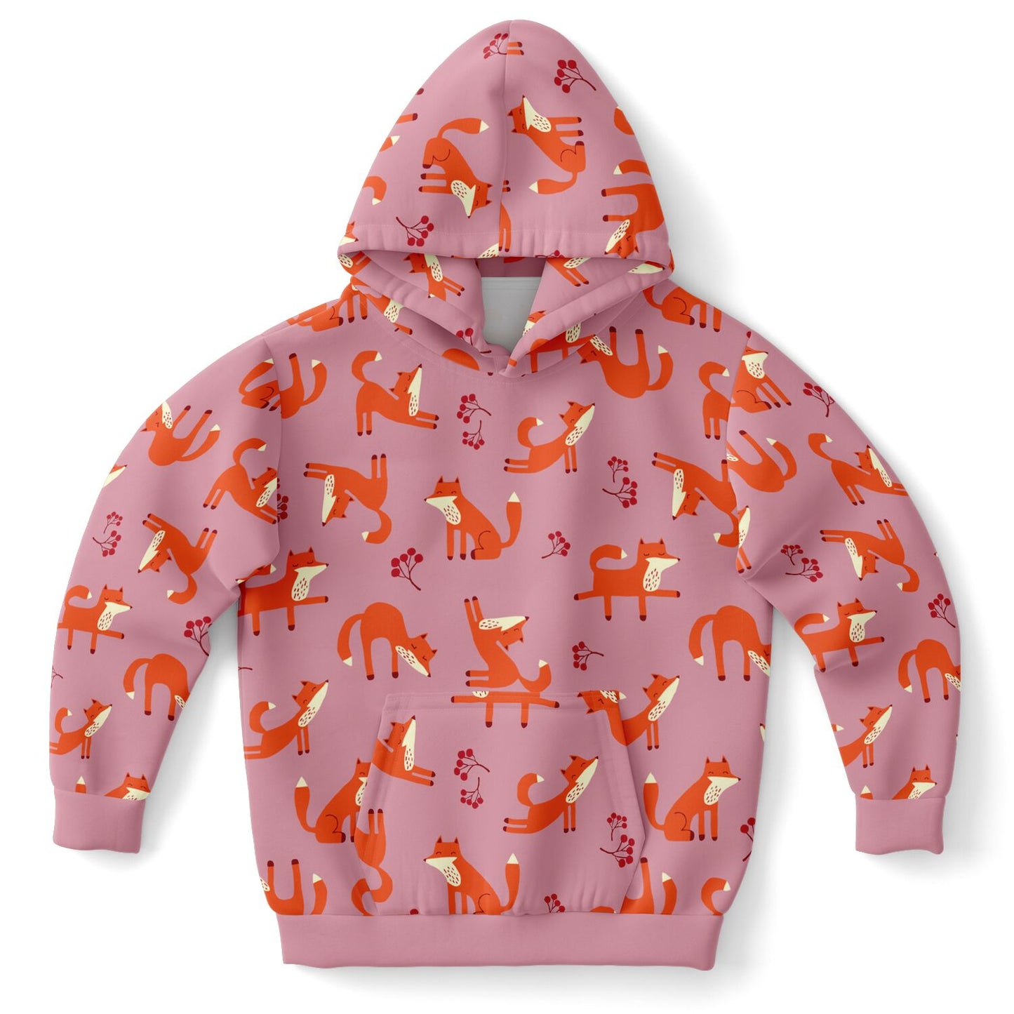 Children's pink hoodie with playful fox pattern.