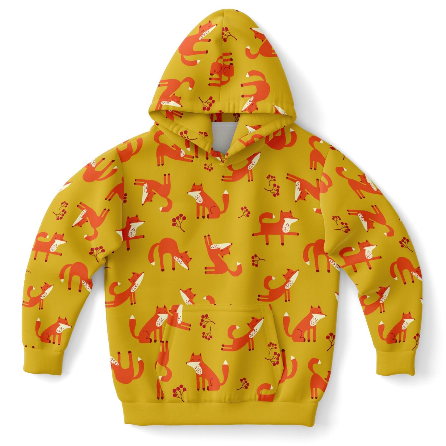 Children's yellow hoodie with playful fox pattern.
