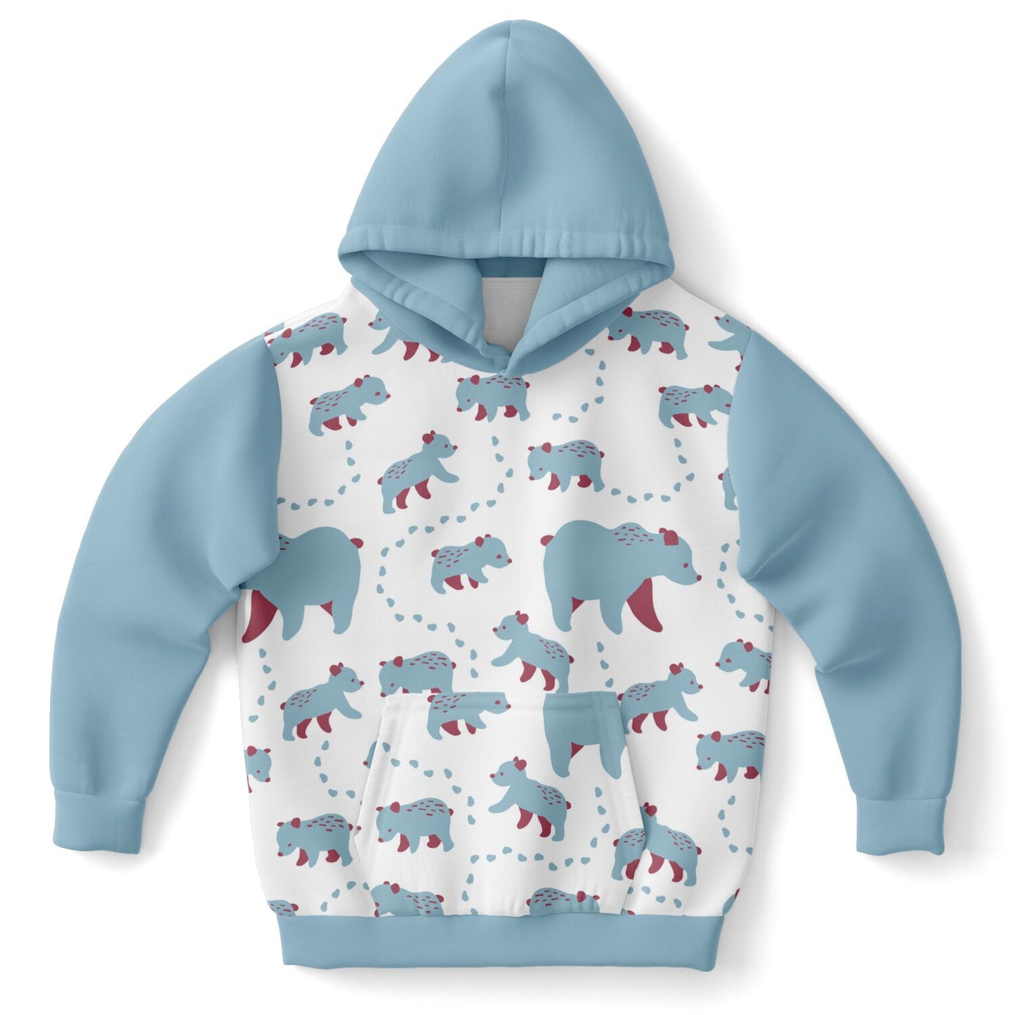Blue kids' hoodie with Runaway Cubs pattern.