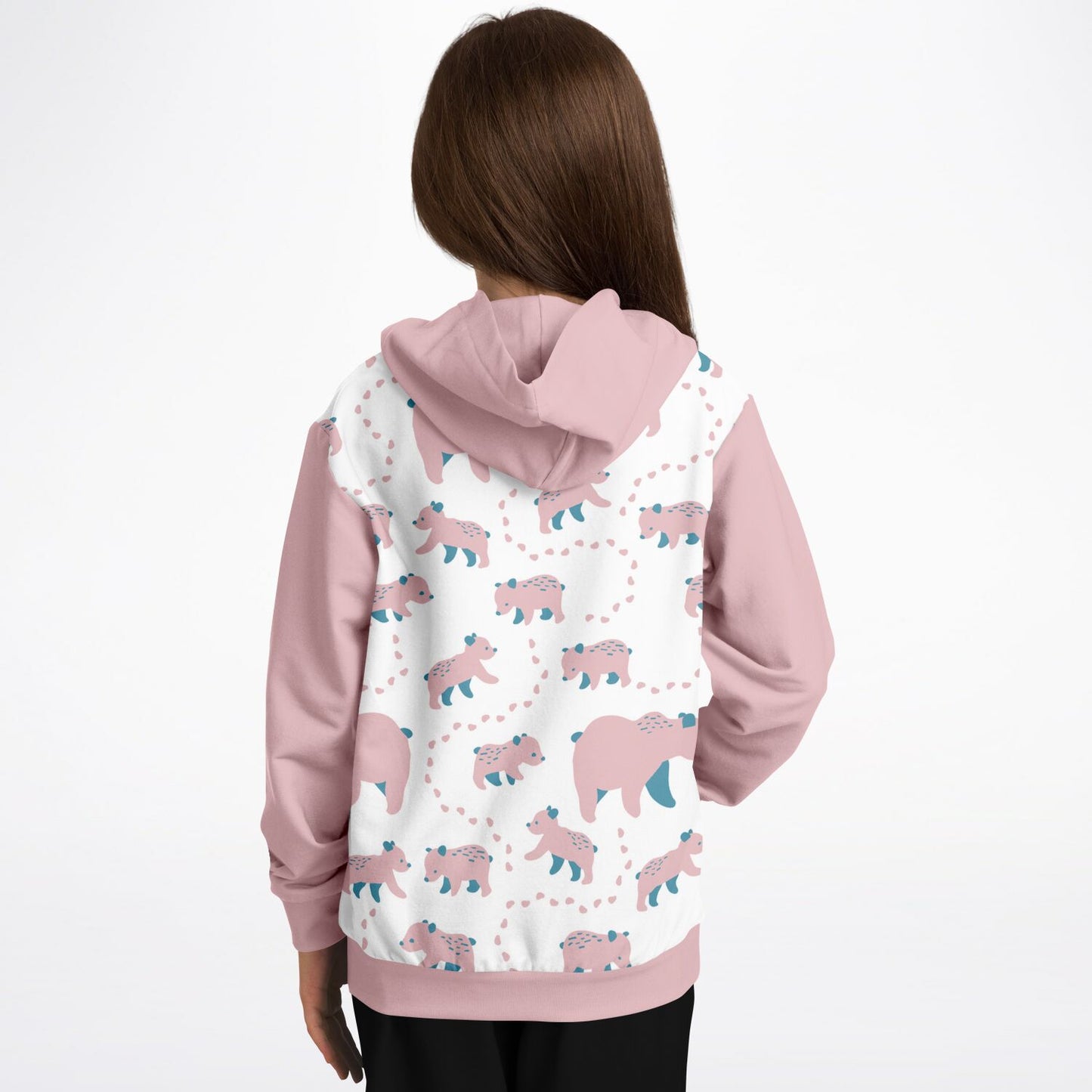 Girl wearing a pink kids' hoodie with Runaway Cubs pattern.