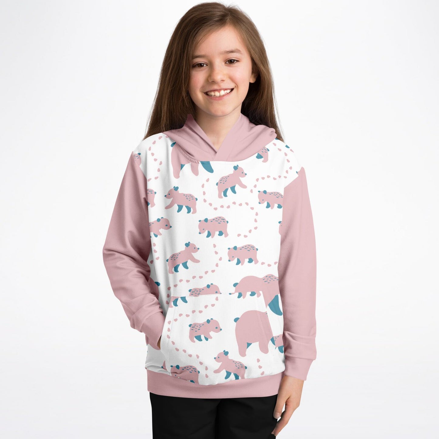 Girl wearing a pink kids' hoodie with Runaway Cubs pattern.