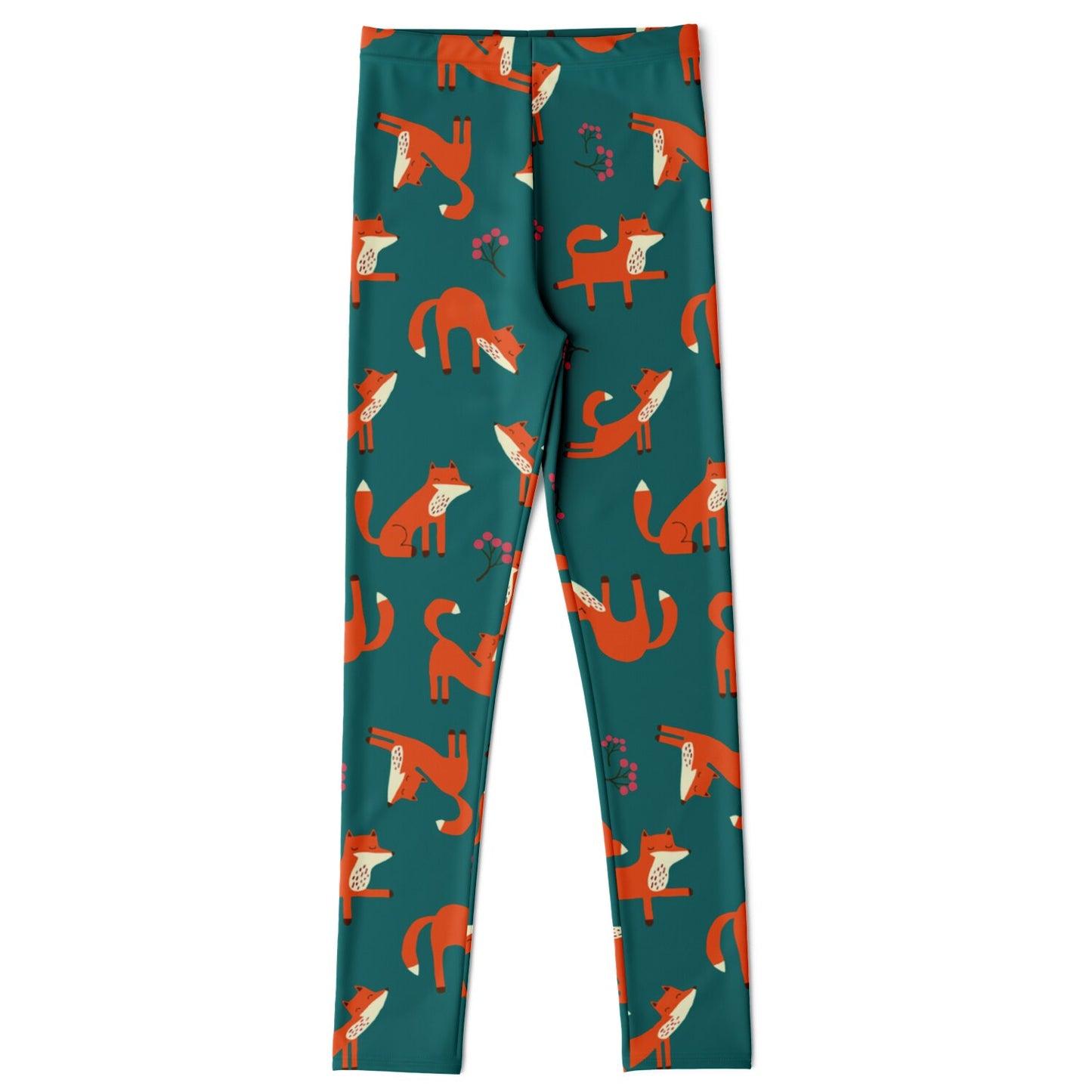 Kids forest green leggings with Playful Fox pattern.