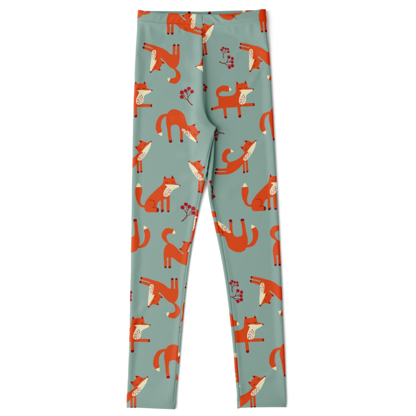 Kids lichen green leggings with Playful Fox pattern.