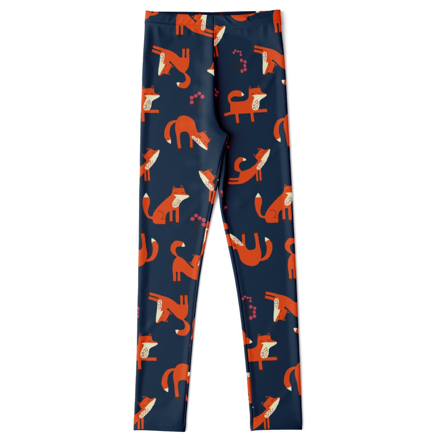 Kids navy leggings with Playful Fox pattern.