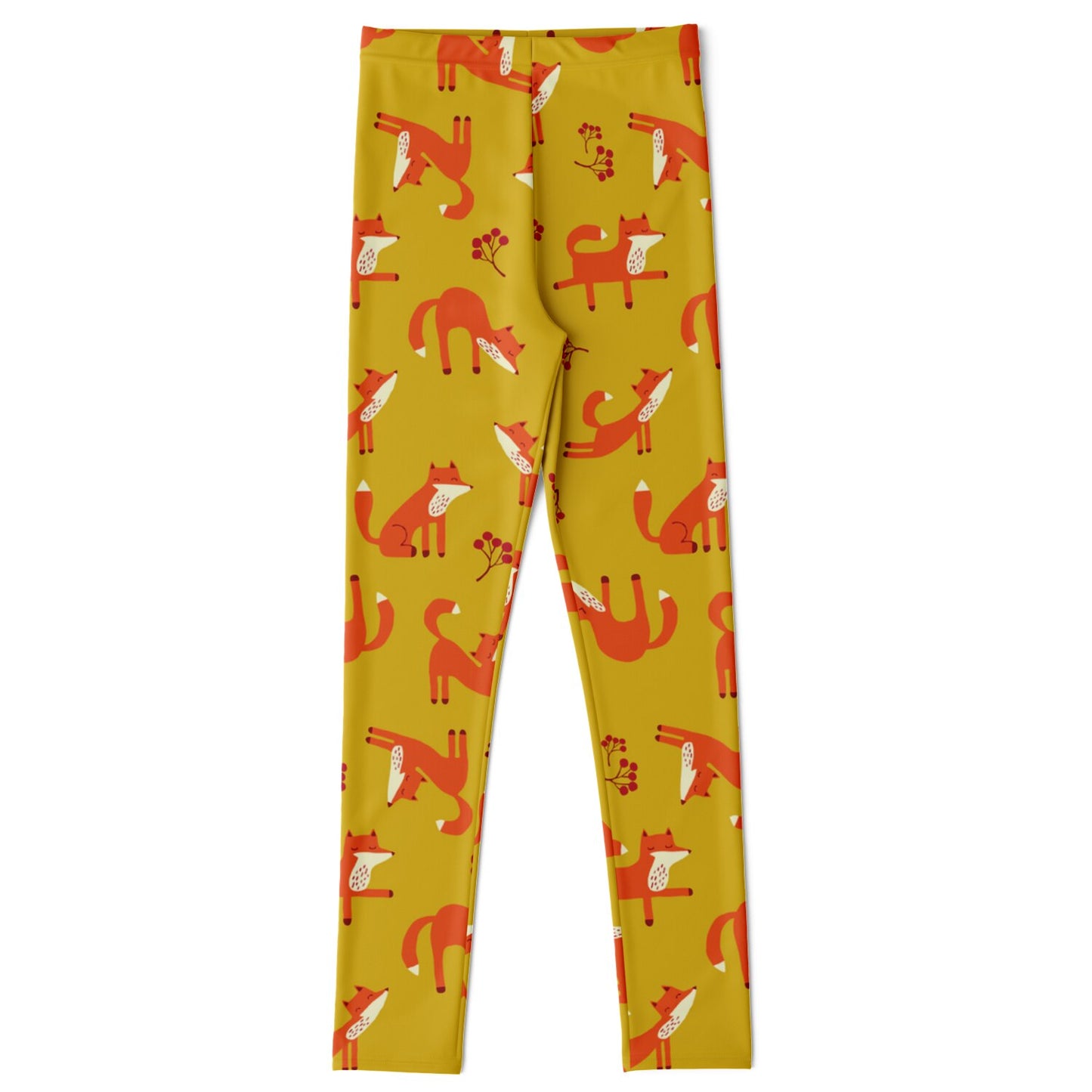 Kids yellow leggings with Playful Fox pattern.