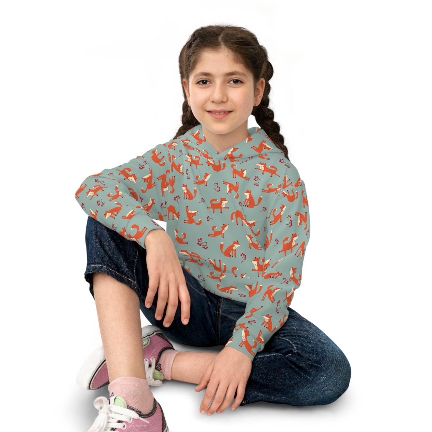 Playful Fox Lichen Green – Children's Hoodie