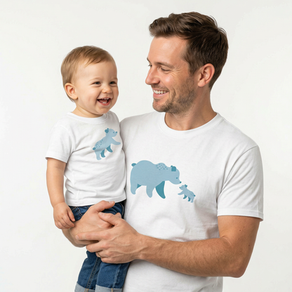 Father and toddler wearing matching Bearfam T-shirts