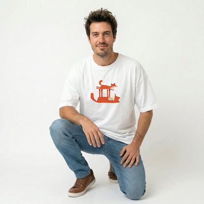 A man wearing Playtime-print T-shirt