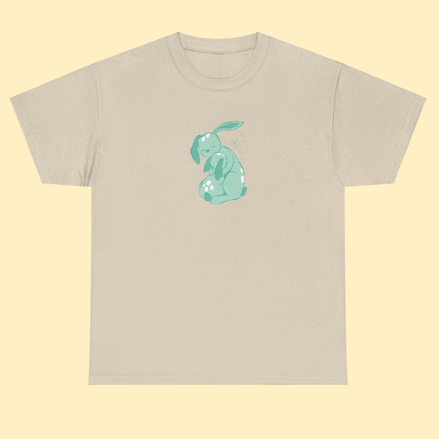 Unisex T-shirt with a print of cuddling hare family