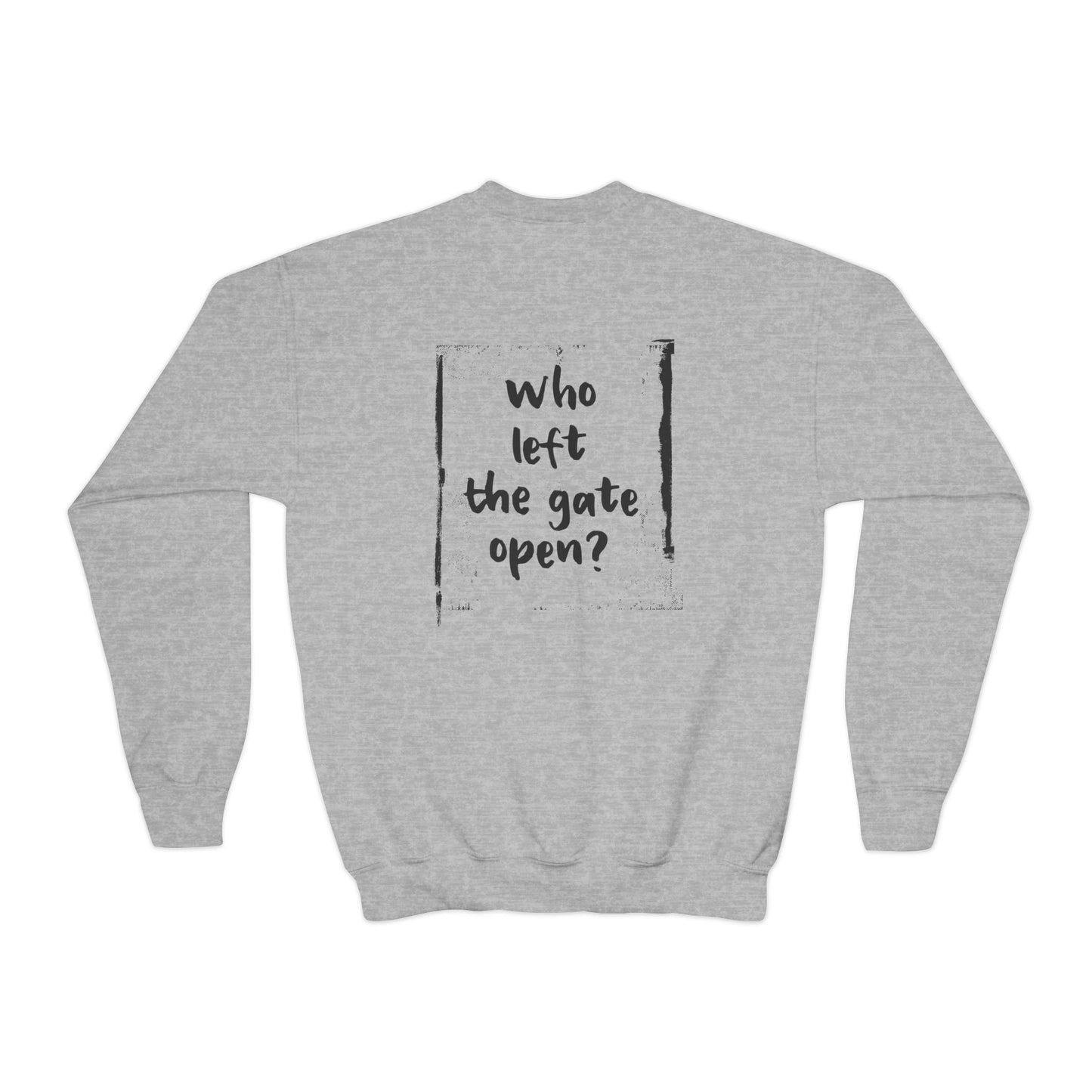 Backview of grey youth crewneck with MyCircus -print