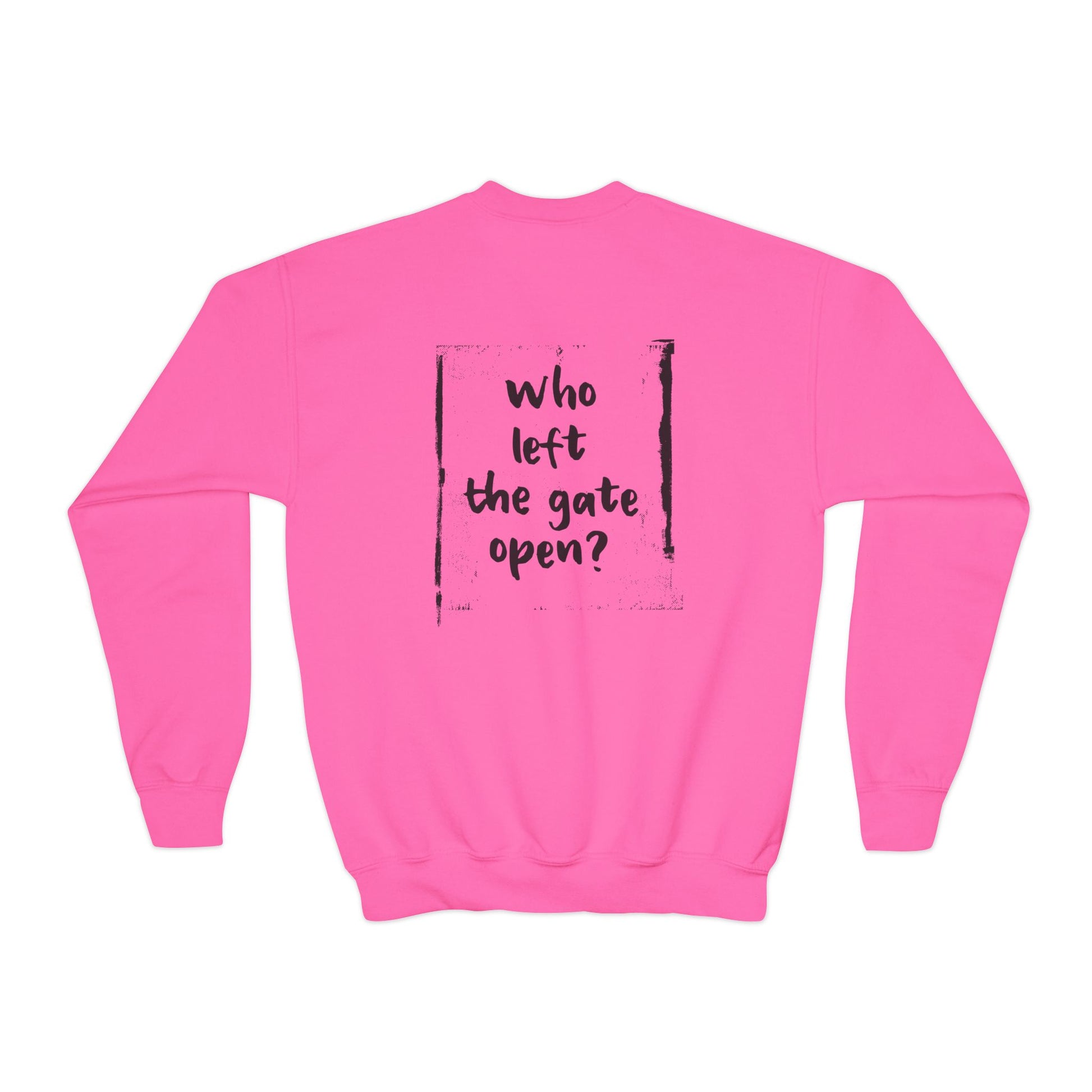 Backview of pink youth crewneck with MyCircus -print