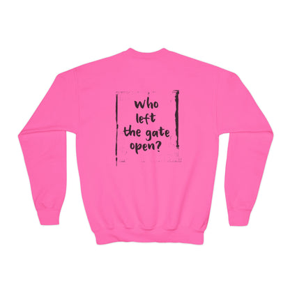 Backview of pink youth crewneck with MyCircus -print