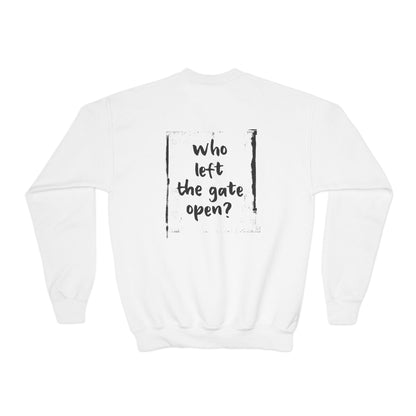 Backview of white youth crewneck with MyCircus -print