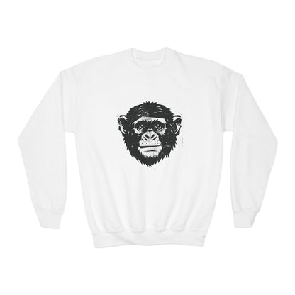 Frontview of white youth crewneck with MyCircus -print