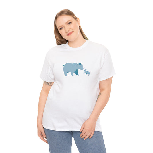 A woman wearing a white unisex cotton T-shirt with blue bear fam print.